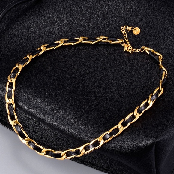 Jewelry - 18k gold stamped vermeil titanium & leather necklace